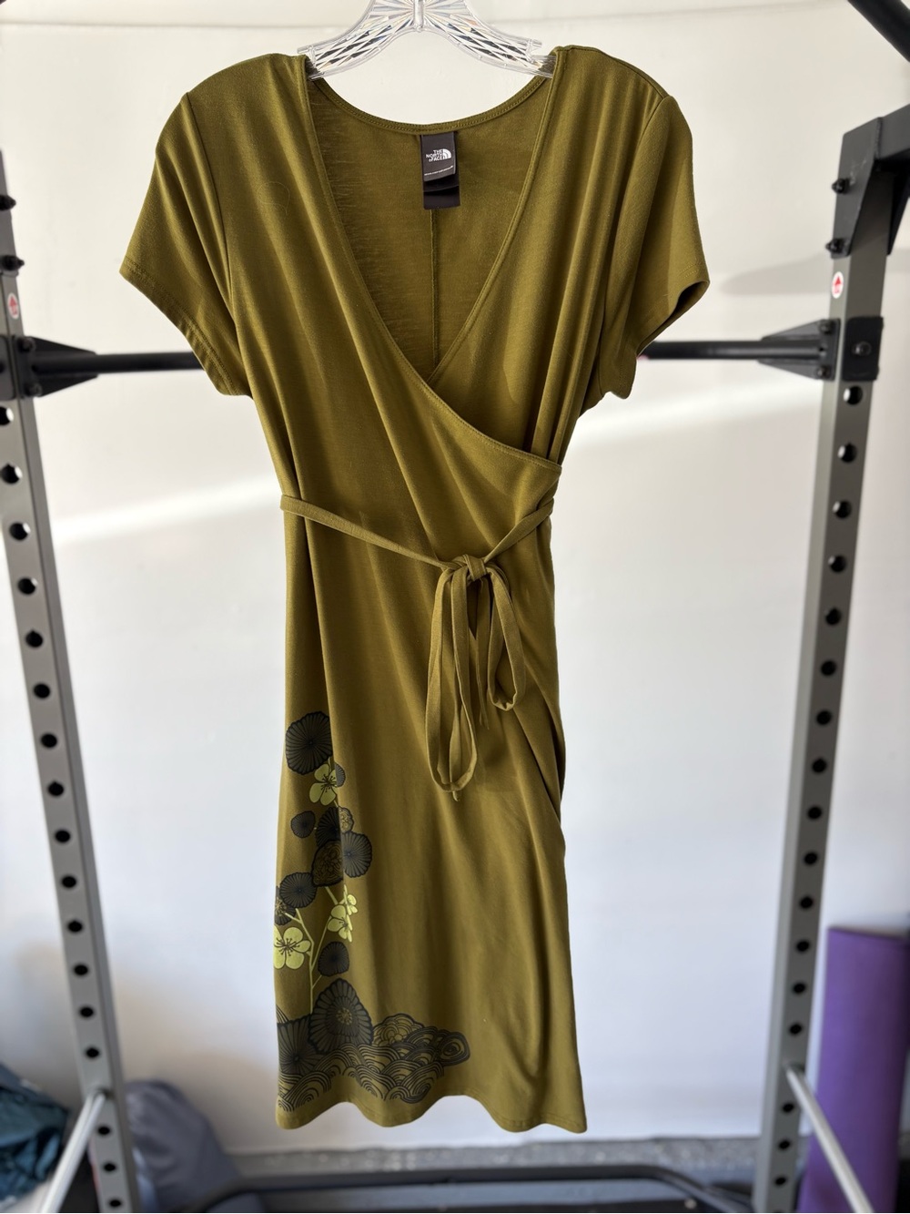 The North Face Olive Green Floral Wrap Dress with Tie Waist